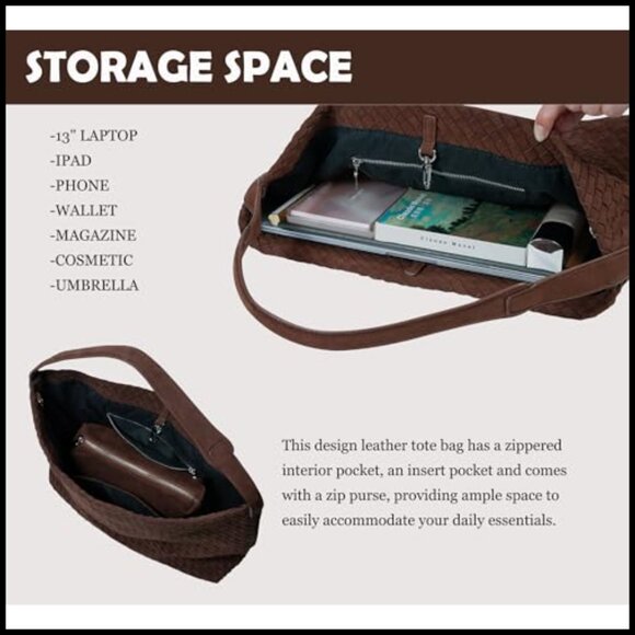 Vintage Woven Tote Bag Vegan Leather Slouchy Hobo Crossbody Large Capacity - Picture 5 of 6